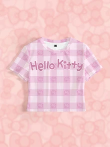 HELLO KITTY AND FRIENDS | SHEIN 女款格紋字母印花休閒日常短袖T恤 - 白色 - 查看 7