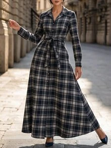 Editum 女款格紋長袖單排扣腰部繫帶休閒襯衫洋裝 - 藏蓝色 - 查看 6