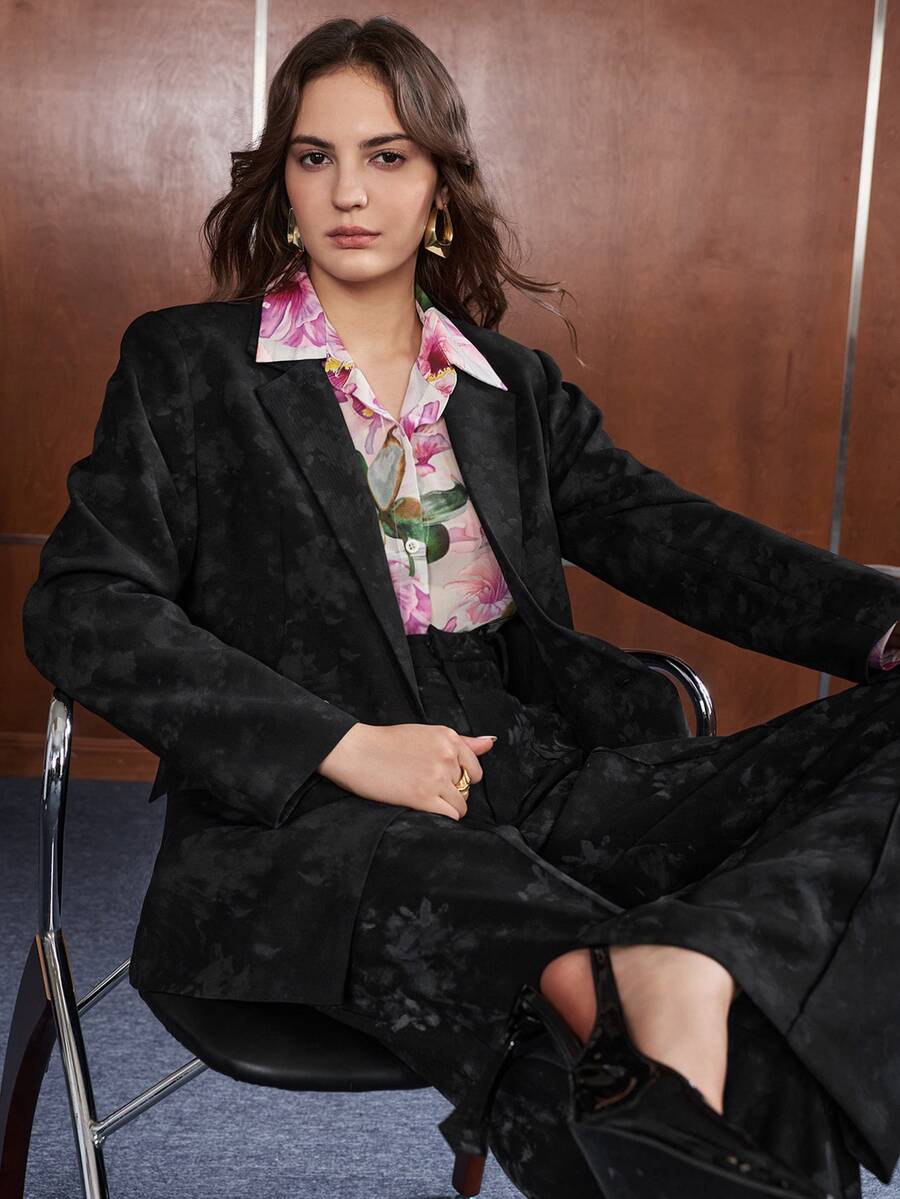 Anewsta Fashionable Maillard Autumn Outfit For Women, Black Printed Blazer Suit Set, Commuter Modern Office Wear, 2 Pieces Set - Black - View 1