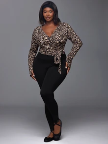 Voyena Women's Plus Size Leopard Print Side Knot Long Sleeve Sports T-Shirt - Coffee Brown - View 3