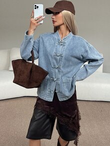 DAZY Deep Blue Stand Collar Single-Breasted Metal Button Loose Drop Shoulder Long Sleeve Casual Versatile Denim Jacket - Blue - View 6