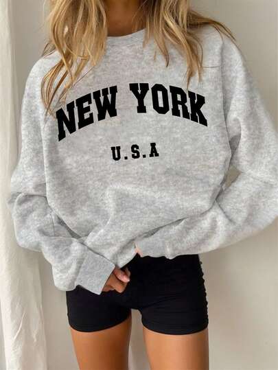 SHEIN MOOSTA Plus Size Women Letter Print Round Neck Long Sleeve Sweatshirt,Dark Grey,Fall Winter,Casual,Bussines,School,Back-To-School Pullover,Graduation,Teacher