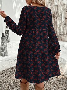SHEIN VCAY Casual Minimalist Ditsy Floral Pattern Loose Round Neck Plus Size Dress Suitable For Autumn/Winter - Multicolor - View 2
