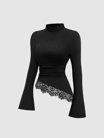 Sweetra Women's Autumn/Winter Semi-High Neck Long Sleeve Flared Cuff Contrast Lace Waist-Cinching T-Shirt