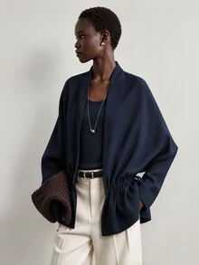 Aalyst Women's Herringbone Texture Apricot Loose Drawstring Side Waist Perforated Tie Bow Adjustable Width Hanging Shoulder Long Sleeved Thin Jacket - Navy Blue - View 3