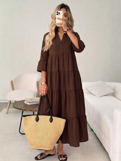 SHEIN LUNE Casual Women's Brown Cake Long Sleeve Dress, Fall Clothes For Women ,Outings,Party Dress ,Elegant Long Party Dress ,Brown Dress