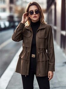 Editum Women's Solid Color Pocket Adjustable Waist Thermal Lined Winter Jacket - Brown - View 6