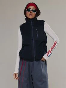 Musera Sport High Neck Zip Through Fluffy Borg Sleeveless Gilet Jacket Active Outdoors Workout Gym Terra Peak - Navy Blue - View 1