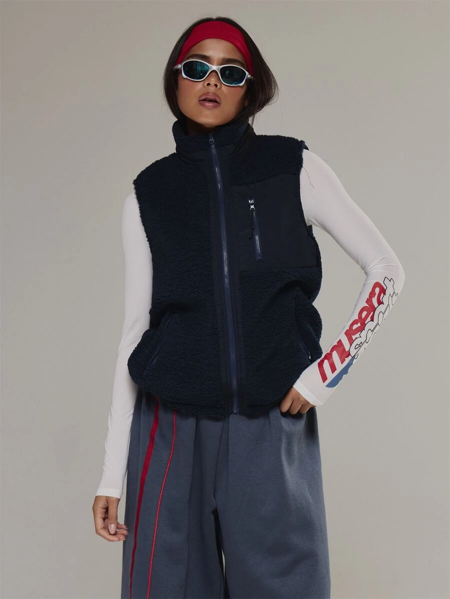 Musera Sport High Neck Zip Through Fluffy Borg Sleeveless Gilet Jacket Active Outdoors Workout Gym Terra Peak - Navy Blue - View 1