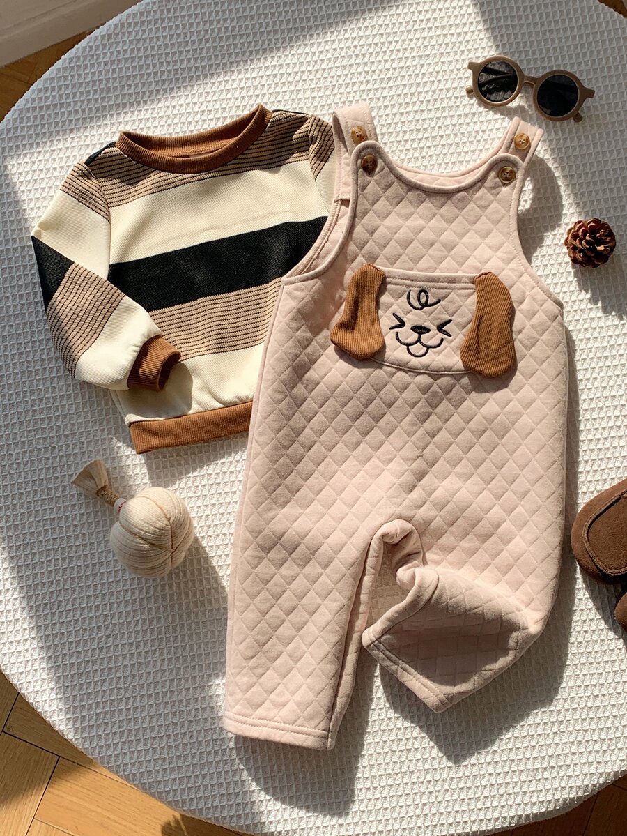 SHEIN 中性嬰兒男嬰/女嬰、幼兒 2 件組秋冬抓絨加厚可愛條紋運動衫套裝,小狗圖案吊帶褲套裝,嬰兒冬季衣物,聖誕 - 鏽棕色 - 查看 1