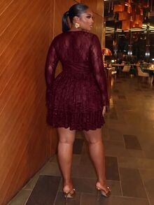 Slaydiva Vestido de encaje con volantes en el bajo para otoño, talla grande - Burdeos - Ver 2