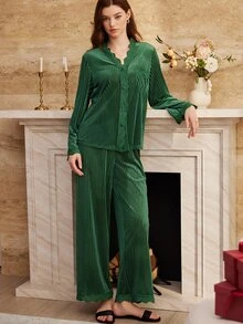 Moireta Women's Minimalist Elegant Glossy Velvet Long Sleeve Pants Pajama Set - Dark Green - View 5