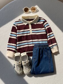 SHEIN 嬰兒男/女童、幼兒 2件組秋冬抓絨加厚休閒可愛條紋 POLO 套裝、衛衣套裝、丹寧牛仔褲、嬰兒冬季套裝、聖誕節 - 咖啡棕 - 查看 6