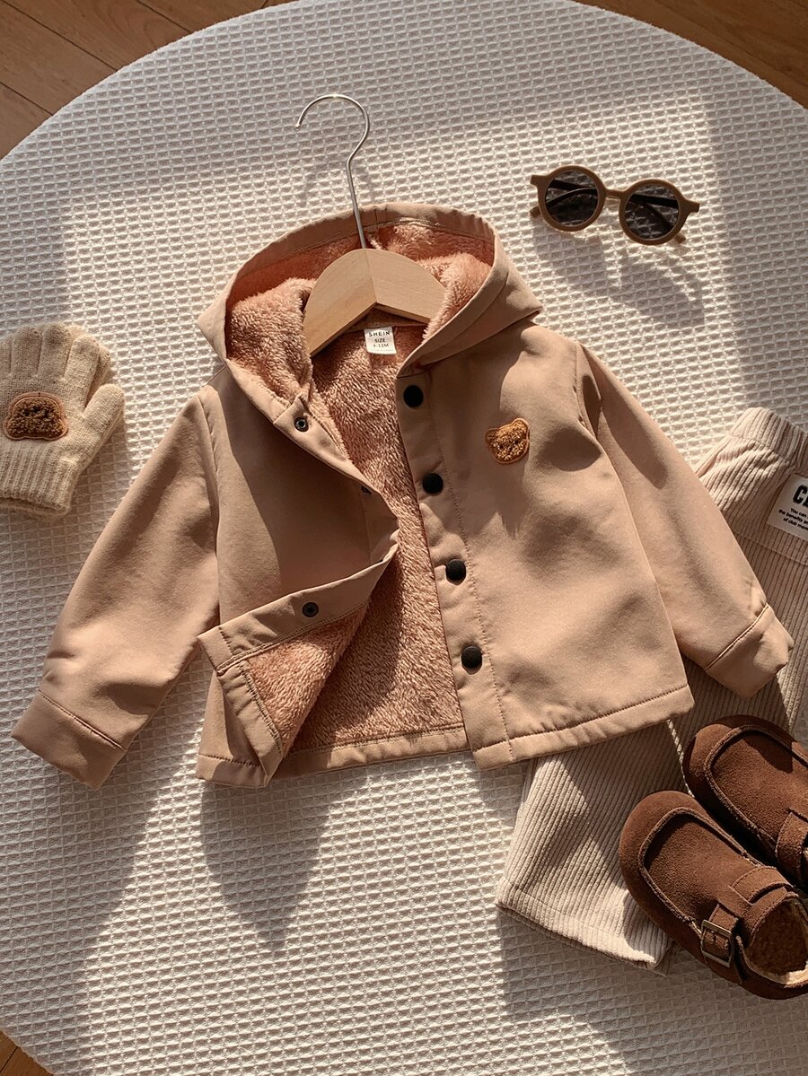 SHEIN 中性嬰兒男/女童、幼兒秋冬保暖內裡加厚休閒可愛連帽夾克外套，嬰兒冬季外套，填充外套，絎縫外套，抓絨 - 卡其色 - 查看 1