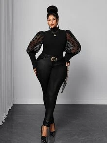 Maweii Plus Size Black Fashion Casual Slim Fit Elegant Long Sleeve T-Shirt - Black - View 3