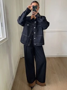 DAZY Women's Loose Jacket And Long Pants Casual Denim Set - Dark Wash - View 2