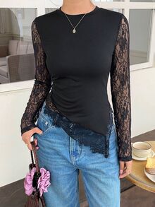 SHEIN Frenchy 女款蕾絲拼接性感約會長袖T恤，秋冬優雅正式奢華商務時尚基礎款，聖誕返校節慶適用 - 黑色 - 查看 3