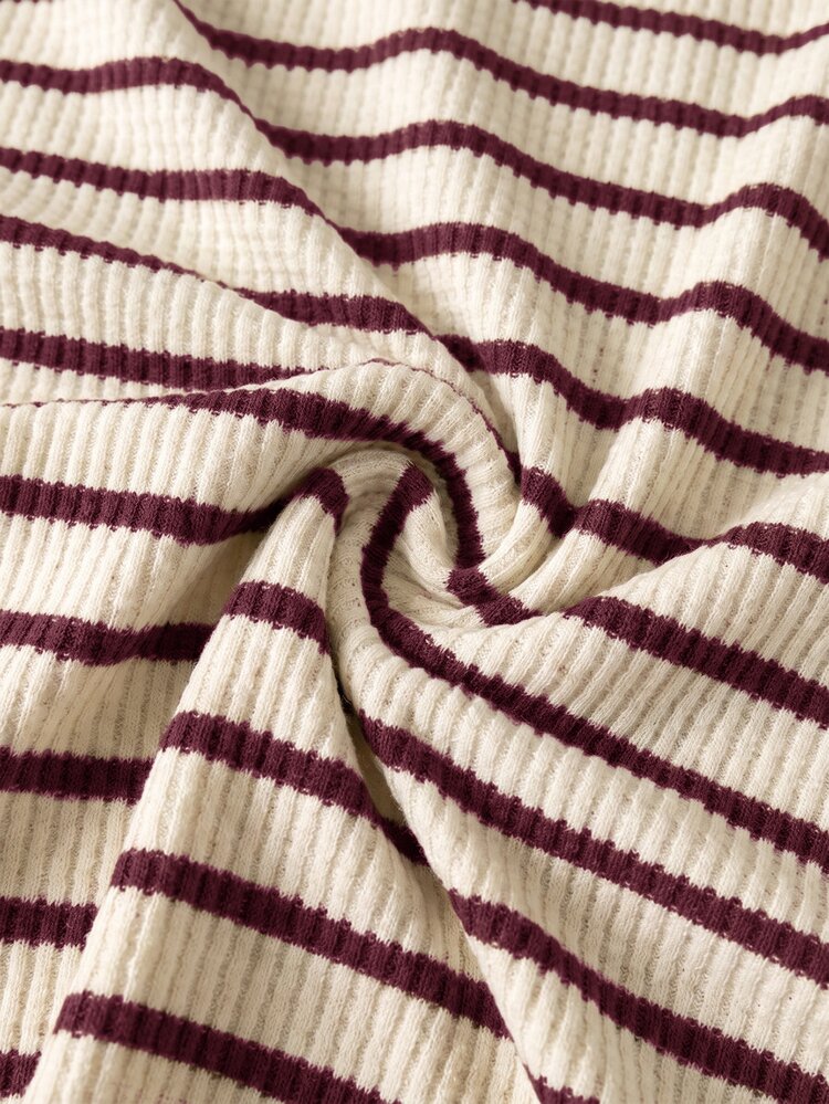 SHEIN LUNE Women's Casual Minimalist Brown Burgundy Red & White Color Block Striped Round Neck Raglan Sleeve Short T-Shirt 3pcs Set, Casual Minimalist Daily Versatile All-Match, Date & Outing Outfit, Women's Autumn Clothing, Autumn Outfit, Women's Commute Outfit, All-Match Top, Outing Outfit, Airport Outfit - Multicolor - View 6
