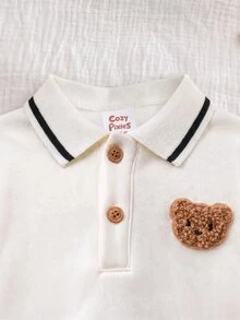Cozy Pixies 嬰兒新生兒熊圖案對比色 Polo 領長袖運動衫與長褲套裝，秋冬款 - 黑色 - 查看 8