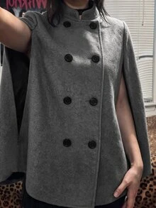 EgrlEra Small High Neck Double-Breasted Decor Cape Overcoat Casual Outing - Dark Grey - View 3