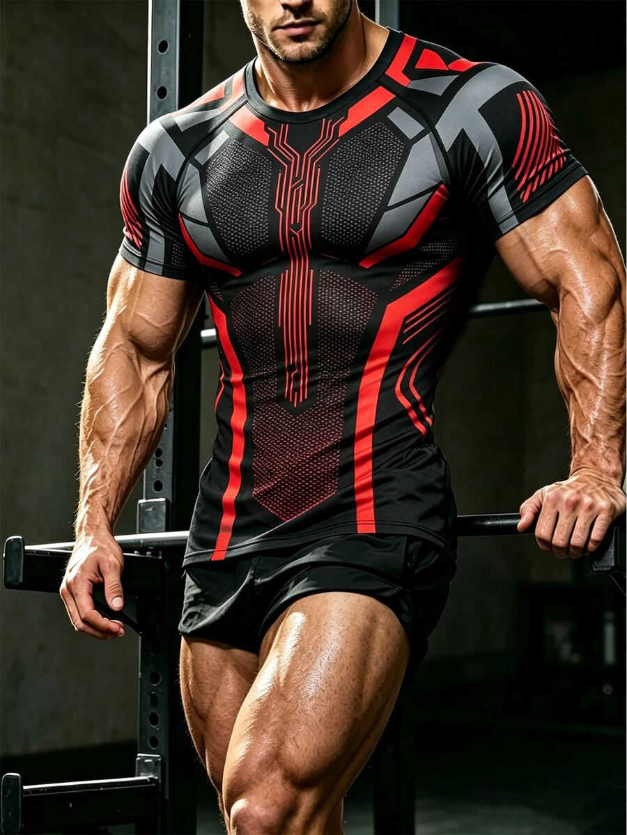 GymBeat 男士條紋幾何印花插肩袖短袖運動T恤 - 彩色 - 查看 1
