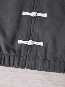 SHEIN Elladie kids 女童新款中式國風青蛙鈕扣麂皮外套，立領，側邊撞色設計 - 深灰色 - 查看 4