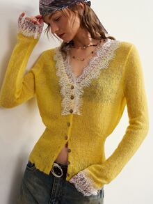 Bohemela Women's Contrast Lace V-Neck Long Sleeve Single-Breasted Knit Cardigan - Yellow - View 2