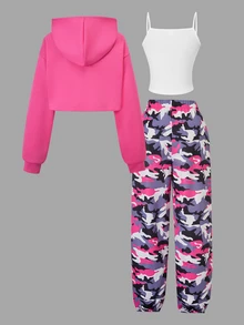 SHEIN Sparklyn 3件組迷彩圖案連帽上衣+細肩帶背心+休閒長褲套裝，適合青少年女孩春季與秋季日常穿著 - 玫紅色 - 查看 2