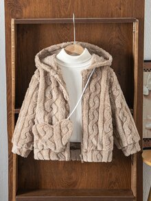 Elladie kids YOUNG GIRLS 棕色粗針織抓絨拉鍊連帽外套夾克，附毛絨斜背小包 2 件套長袖上衣，秋季服飾，毛絨加厚 - 卡其色 - 查看 5