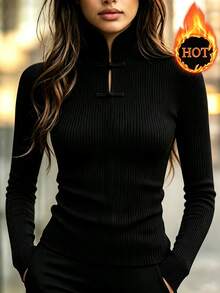 SHEIN Women's Elegant Frog Button Ribbed Long Sleeve Top For Office And Commute,Long Sleeve, Cinched Waist,Winter Clothes,Fall/Winter,Halloween,Going Out - Black - View 1
