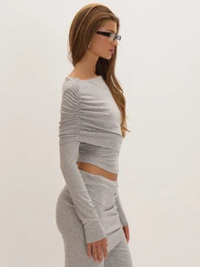 MUSEYN Grey Marl Jersey Overlay Ruched Long Sleeve Top Versatile Everyday Date Night Chic New Season Fall - Grey - View 3