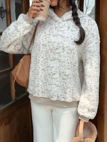 SHEIN EZwear 女款豹紋落肩長袖連帽抓絨運動衫 - 彩色 - 查看 4