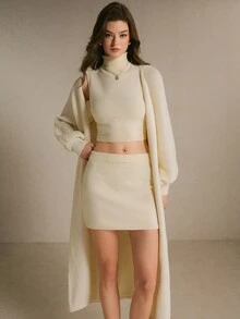 Poéselle Women's High Neck Streetwear Tank Top And Mini Skirt Knit Two Pieces Set,Street-Style Turtleneck Sweater Set-Perfect For An Autumn Or Winter - White - View 7