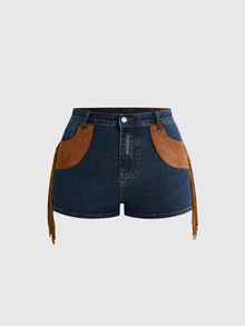 ROMWE Hippie Western Cowboy Suede Patchwork Fringe Distressed Vintage Denim Skinny Women's Denim Shorts Plus Size - Multicolor - View 1