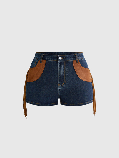 Shorts vaqueros ajustados para mujer de talla grande, estilo hippie western cowboy, con parches de ante, flecos, efecto desgastado y denim vintage