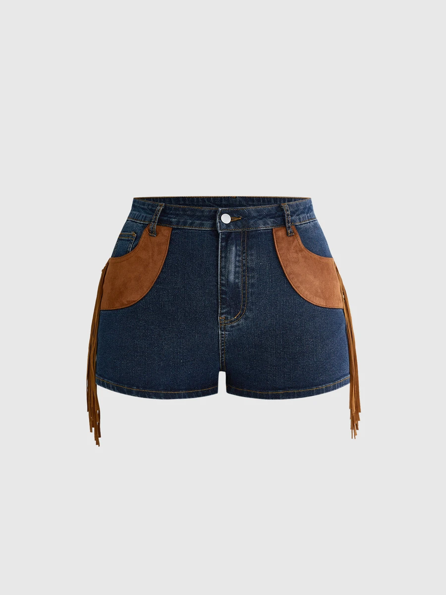 ROMWE Hippie Western Cowboy Suede Patchwork Fringe Distressed Vintage Denim Skinny Women's Denim Shorts Plus Size - Multicolor - View 1