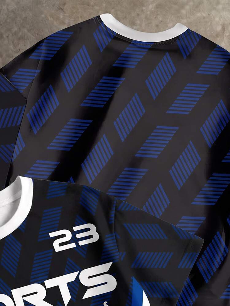 Tween Boy Casual Comfortable Fashion Minimalist Crew Neck Short Sleeve T-Shirt, Classic Handsome Square Pattern Print, Handsome Striped Divided Pattern Print, Classic Sports Text Pattern Print, Suitable For Sports - Multicolor - View 6
