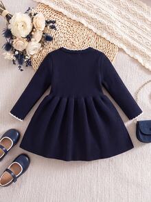 Baby Girl Embroidered Fashion Long Sleeve Sweater Dress For Outings - Navy Blue - View 2