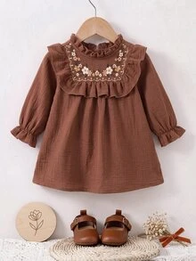 Baby Girl Floral Embroidered Pattern Pleated Casual Daily Summer Dress - Brown - View 6