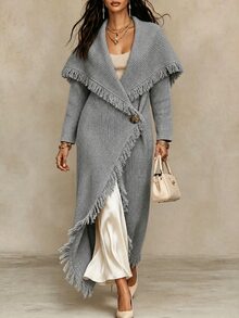 SHEIN 女款素色流蘇設計休閒百搭日常穿著開襟衫 - 淺灰色 - 查看 4