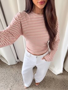 Aloruh 女款秋冬休閒寬鬆上身修身下身條紋T恤 - 粉色 - 查看 3