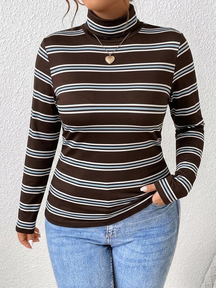 Lounesse Plus Size Colorblock Striped Turtleneck Long Sleeve T-Shirt - Slim Fit, Soft Fabric, Minimalist Design, Double Layered Thick, Suitable For Winter Workplace And Formal Occasions - Multicolor - View 4