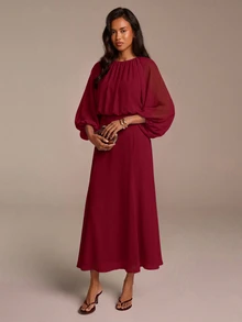 COSMINA Damen Lässig Romantisch Sexy Elegant Hellblau Chiffon Maxikleid Raffiniert Pendler Outfit Ausflug Party Braut Vorbereitung Hochzeit Herbst - Bordeaux - Übersicht 4