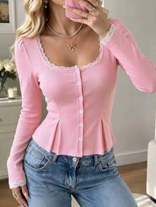 Cévolie Women's Lace Knit Button Elegant Versatile Top - Pink - View 4