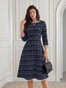 Medorina Women's Plaid Round Neck 3/4 Sleeve Elegant Mid-Length Dress - Navy Blue - View 3
