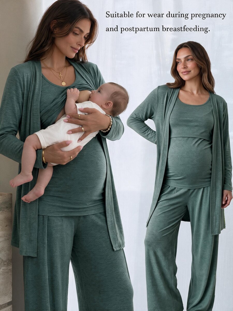 Slowluna Conjunto de maternidad de unicolor con top sin mangas, pantalones y chaqueta para lactancia, otoño - Verde - Ver 1