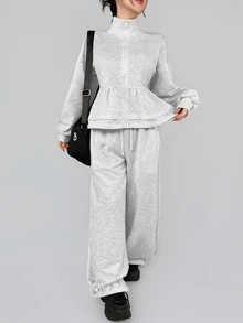 DAZY Women's Solid Color Zip-Up Long Sleeve Sweatshirt And Wide Leg Pants Sports Set - Light Grey - View 9