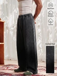SWAVVY Men's Casual Loose Long Pants, Spring/Autumn/Summer, Standard Size, Embroidered Black Snow Wash - Black - View 1