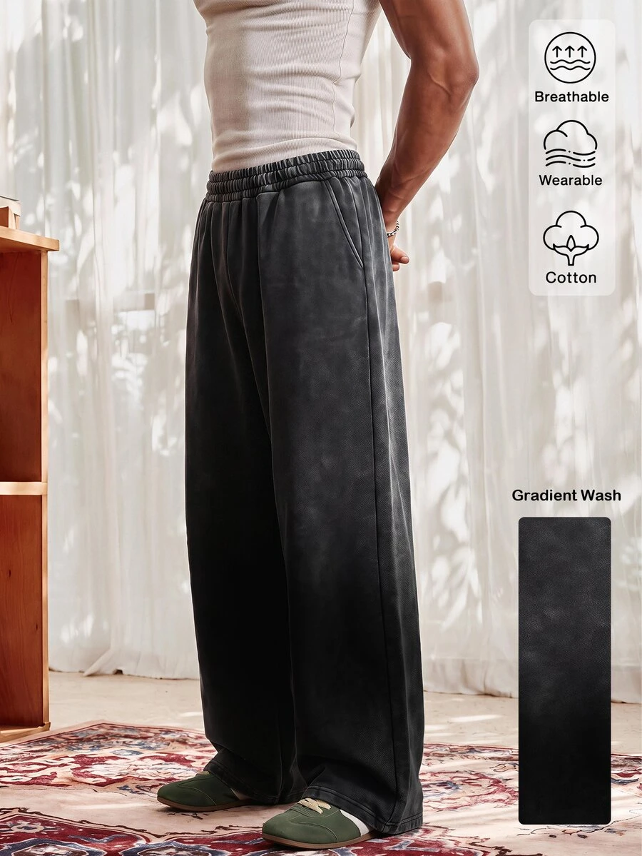 SWAVVY Men's Casual Loose Long Pants, Spring/Autumn/Summer, Standard Size, Embroidered Black Snow Wash - Black - View 1