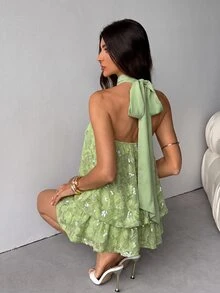 SHEIN Tall Spring/Summer Solid Color Sequin Cold Shoulder Women's Mini Dress - Green - View 2